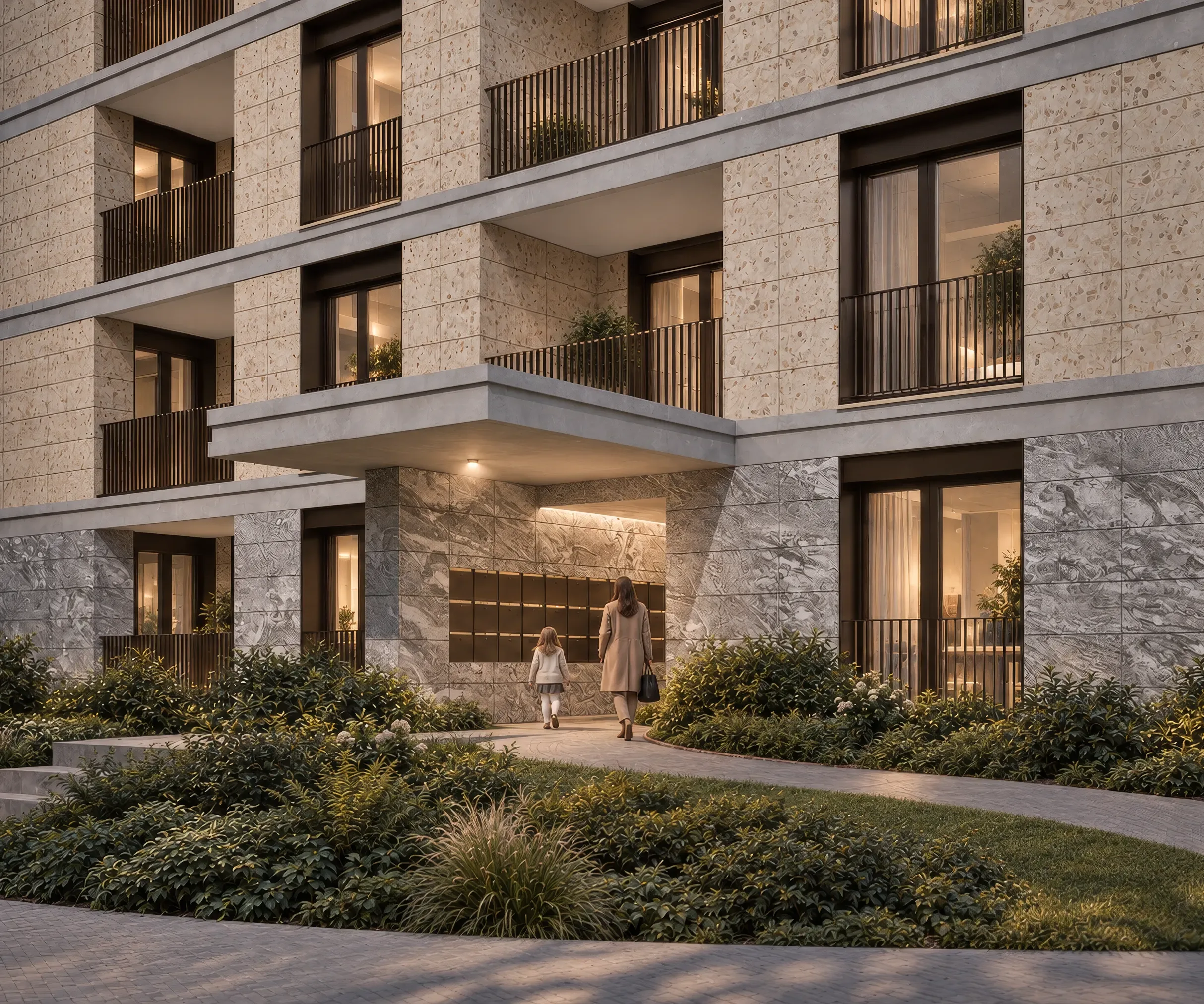 A residence entrance — concrete canopy, bronze letterboxes, grey marble walls and planted beds