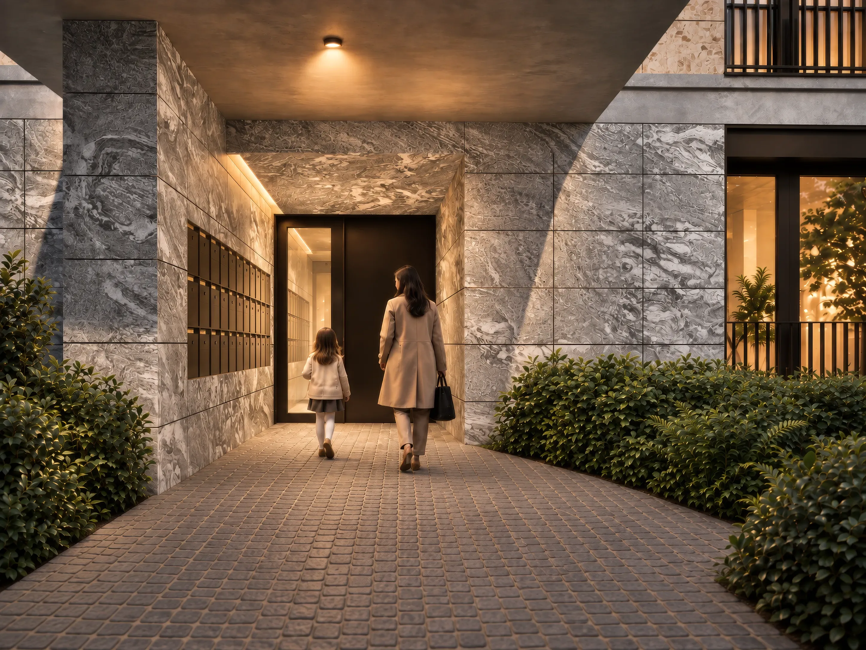 Entrance threshold — veined marble walls, dark door and cove lighting