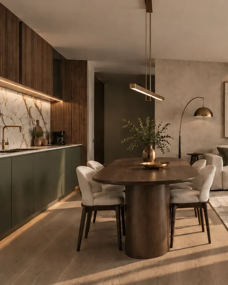 Open kitchen: veined marble splashback, slatted wood, brass tap and pale wood flooring