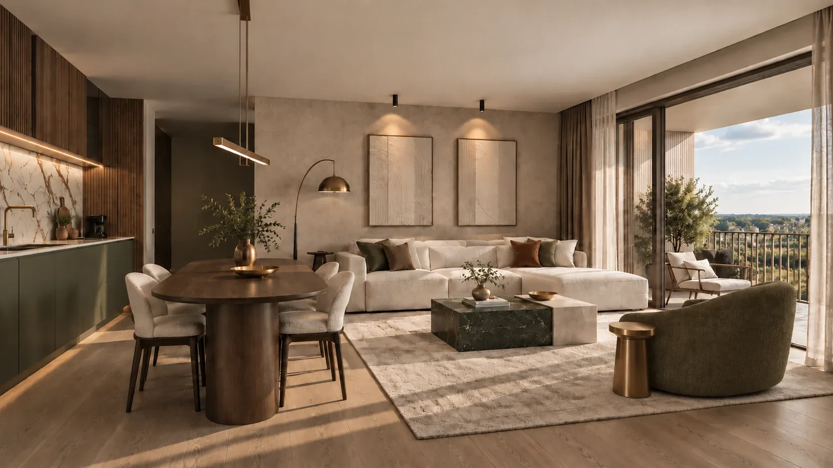 One-bedroom apartment interior — open kitchen, round dining table and living room opening onto a loggia