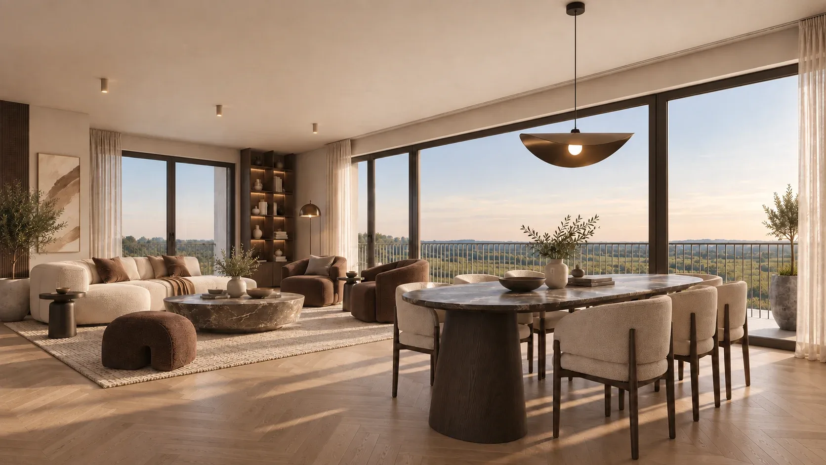 Two-bedroom apartment interior — light-filled living and dining room with wide windows