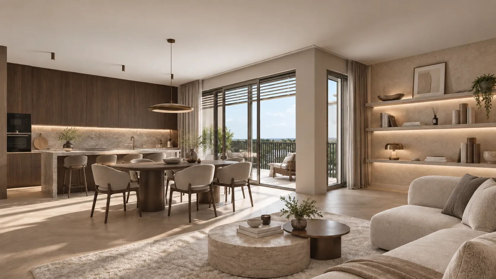 Three-bedroom apartment interior — open kitchen, dining and living spaces extending onto a terrace