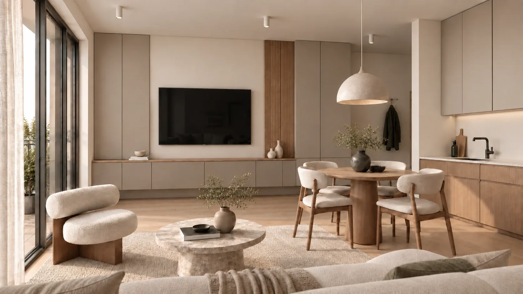 Studio interior — bright living space, round dining table and open kitchen in pale wood tones