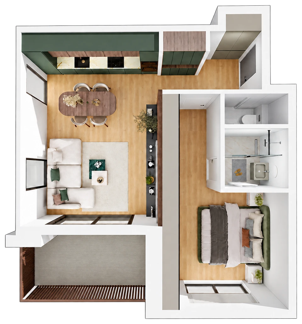 Top view of a furnished one-bedroom apartment with loggia