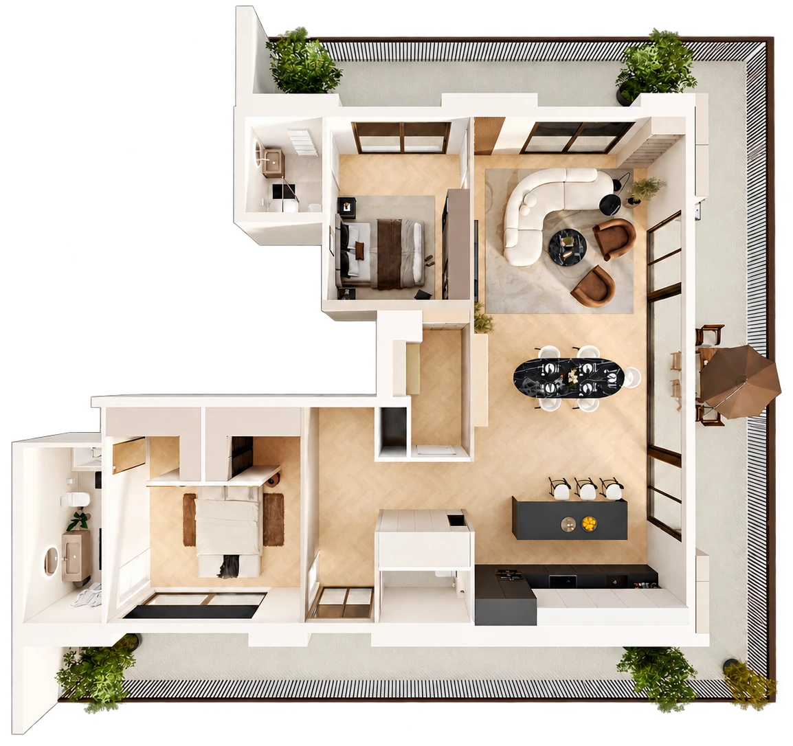 Top view of a furnished two-bedroom apartment with terrace