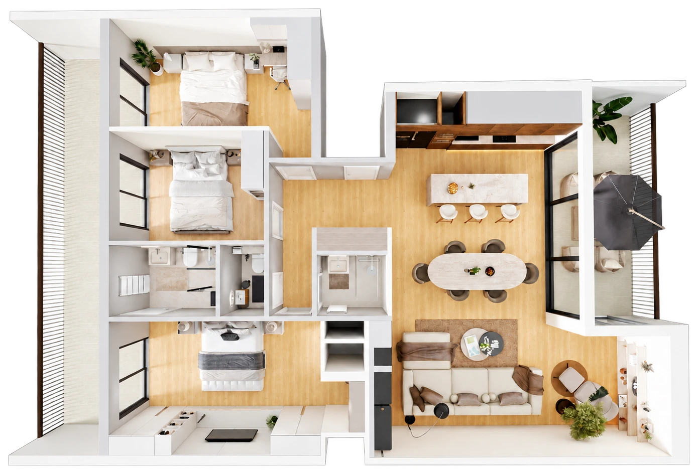 Top view of a furnished three-bedroom apartment with terraces