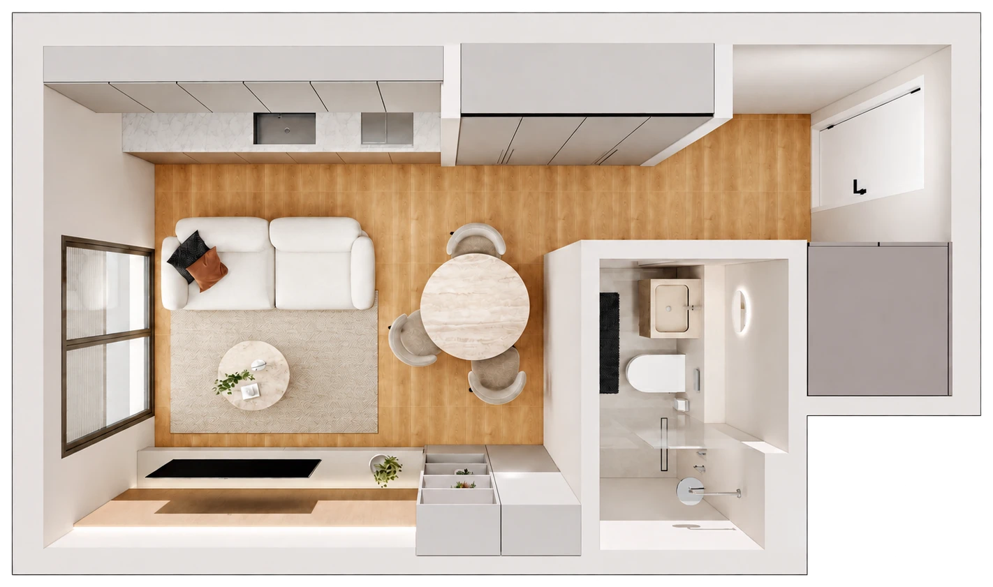 Top view of a furnished studio