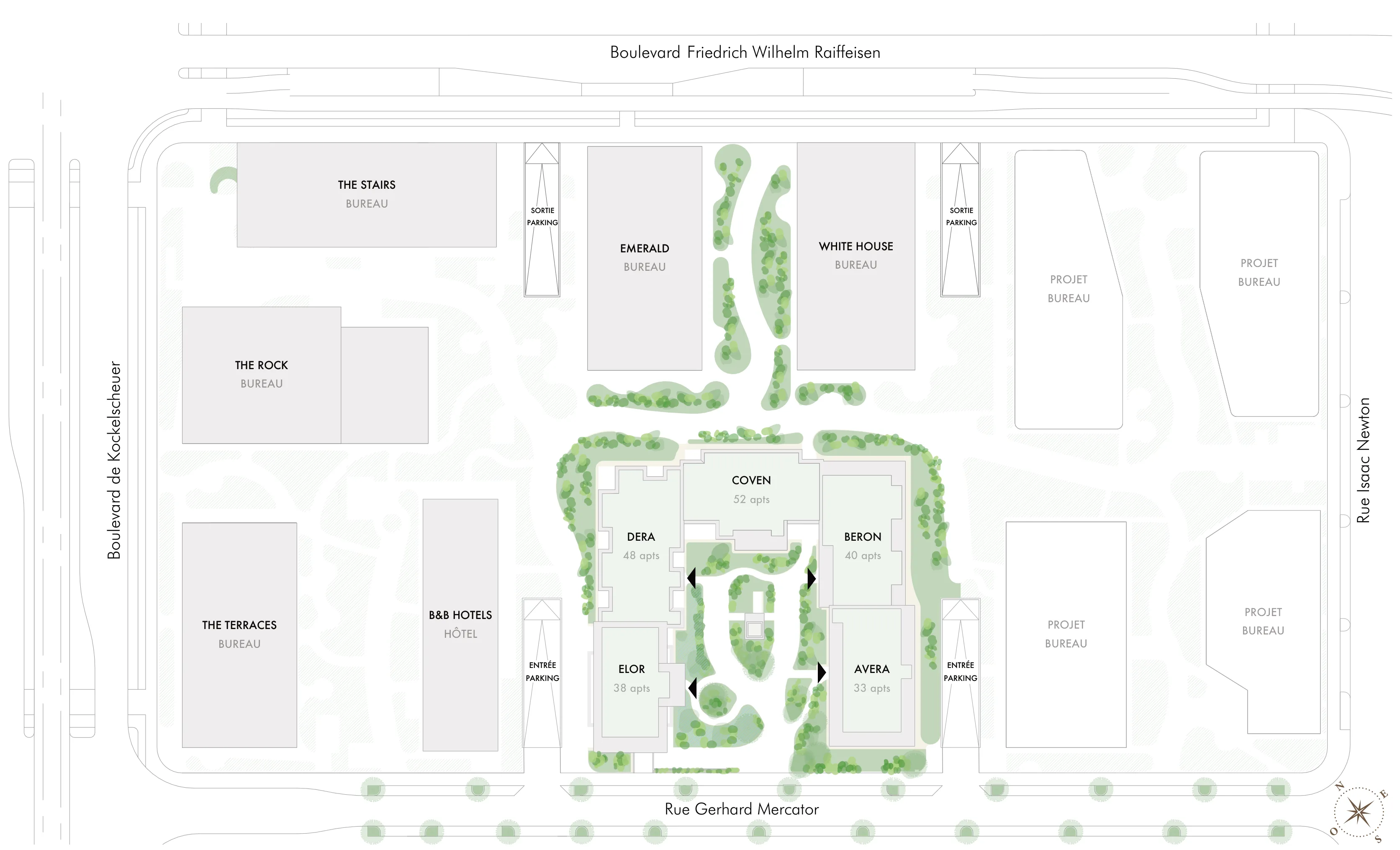 Situation within block E — the five residences around the landscaped courtyard: Coven 52 apartments, Dera 48, Beron 40, Elor 38 and Avera 33, between rue Gerhard Mercator, Boulevard F. W. Raiffeisen, Boulevard de Kockelscheuer and rue Isaac Newton, among The Stairs, Emerald, White House, The Rock and The Terraces offices and the B&B hotel