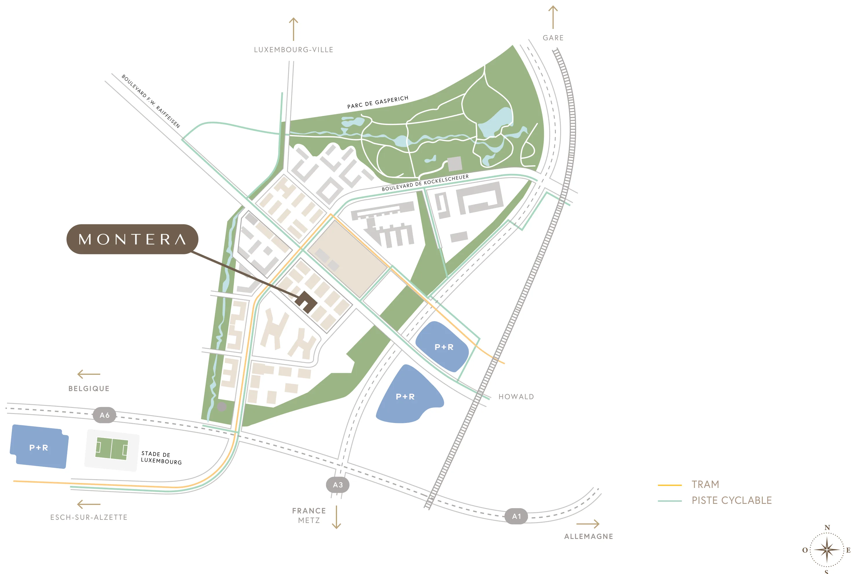 Situation in the district — MONTERA between Gasperich park and Boulevard F. W. Raiffeisen, showing the tram route, cycle paths, park-and-ride car parks, Howald station and the Stade de Luxembourg