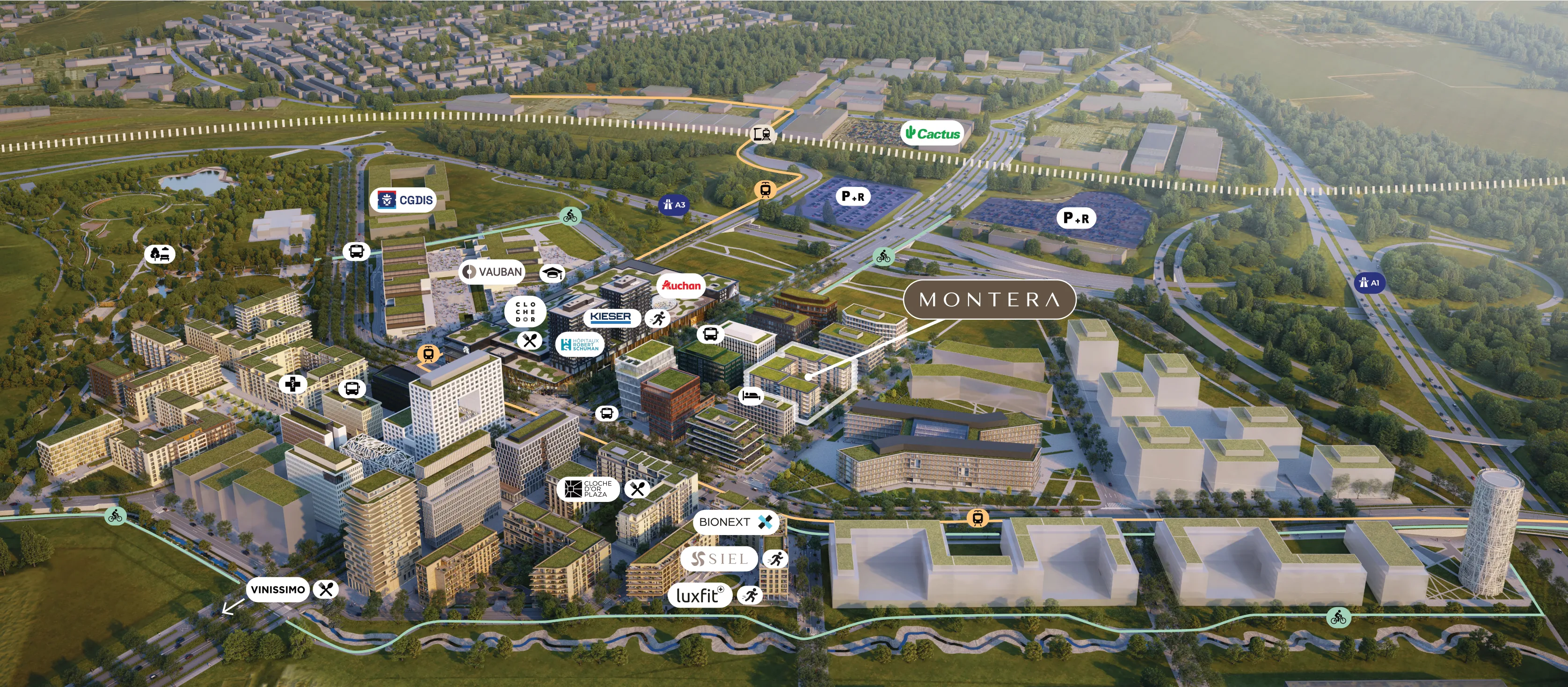 The Cloche d'Or district from the air — MONTERA marked at the centre, with Lycée Vauban, Auchan, Cactus, Cloche d'Or Plaza, Bionext, the CGDIS, the tram and bus stops, park-and-ride car parks, cycle paths and Howald station