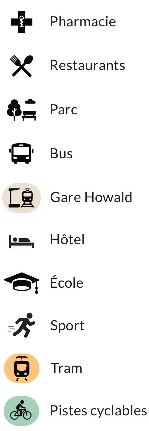 Map key in French: pharmacy, restaurants, park, bus, Howald station, hotel, school, sport, tram, cycle paths